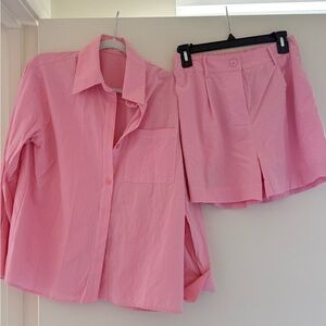 Pink Long Sleeve Loose Shorts Set